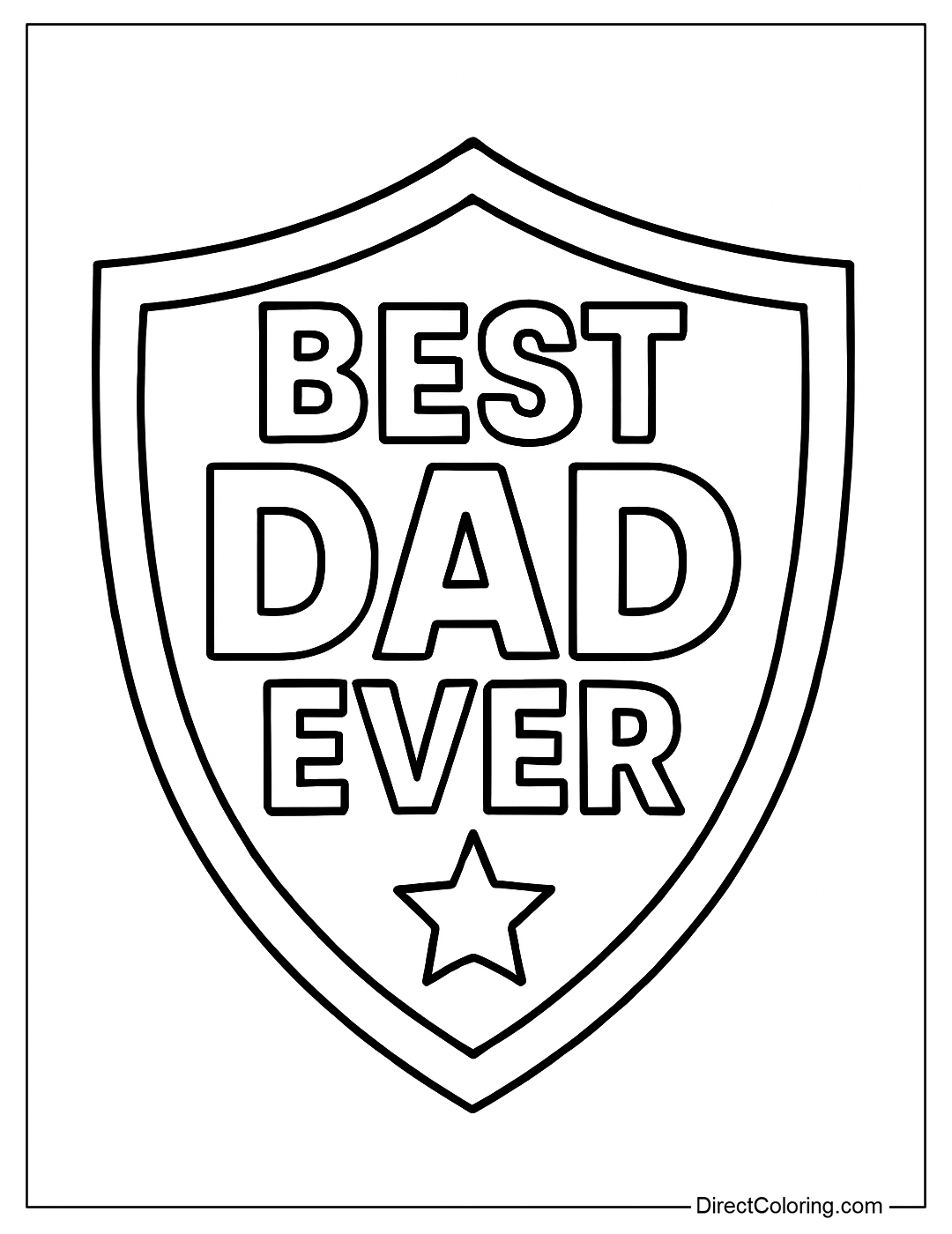 A coloring page of a superhero shield with the words 
